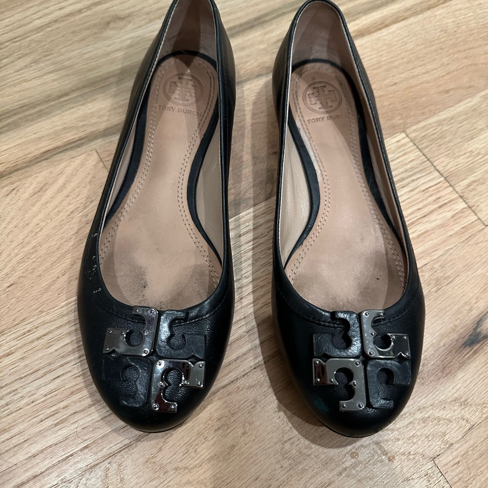 Tory Burch Black Flats with Silver Logo